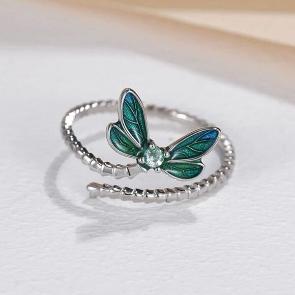 Sterling Silver Dragonfly Opening Ring Adjustable Ring Pave Setting CZ New - Picture 4 of 6